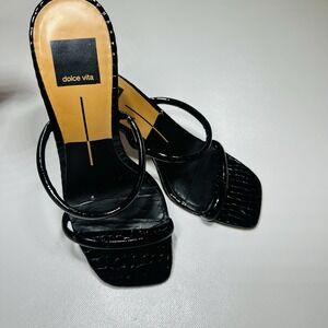 Dolce Vita Black Croc Embossed Heeled Sandals Square Toe Strappy Women's 7.5